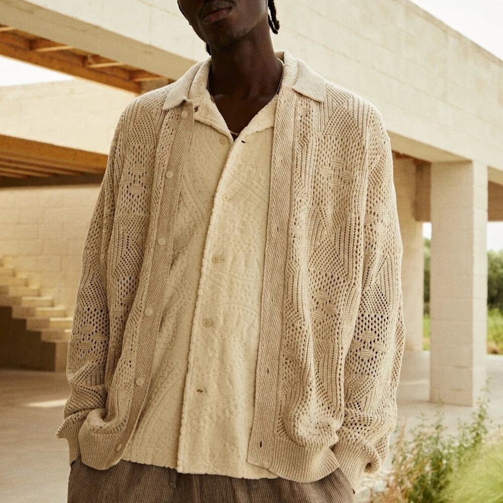 KITH Tilden Crochet Buttondown Sweater Men’s Beige Collared Long Sleeve- Size XL